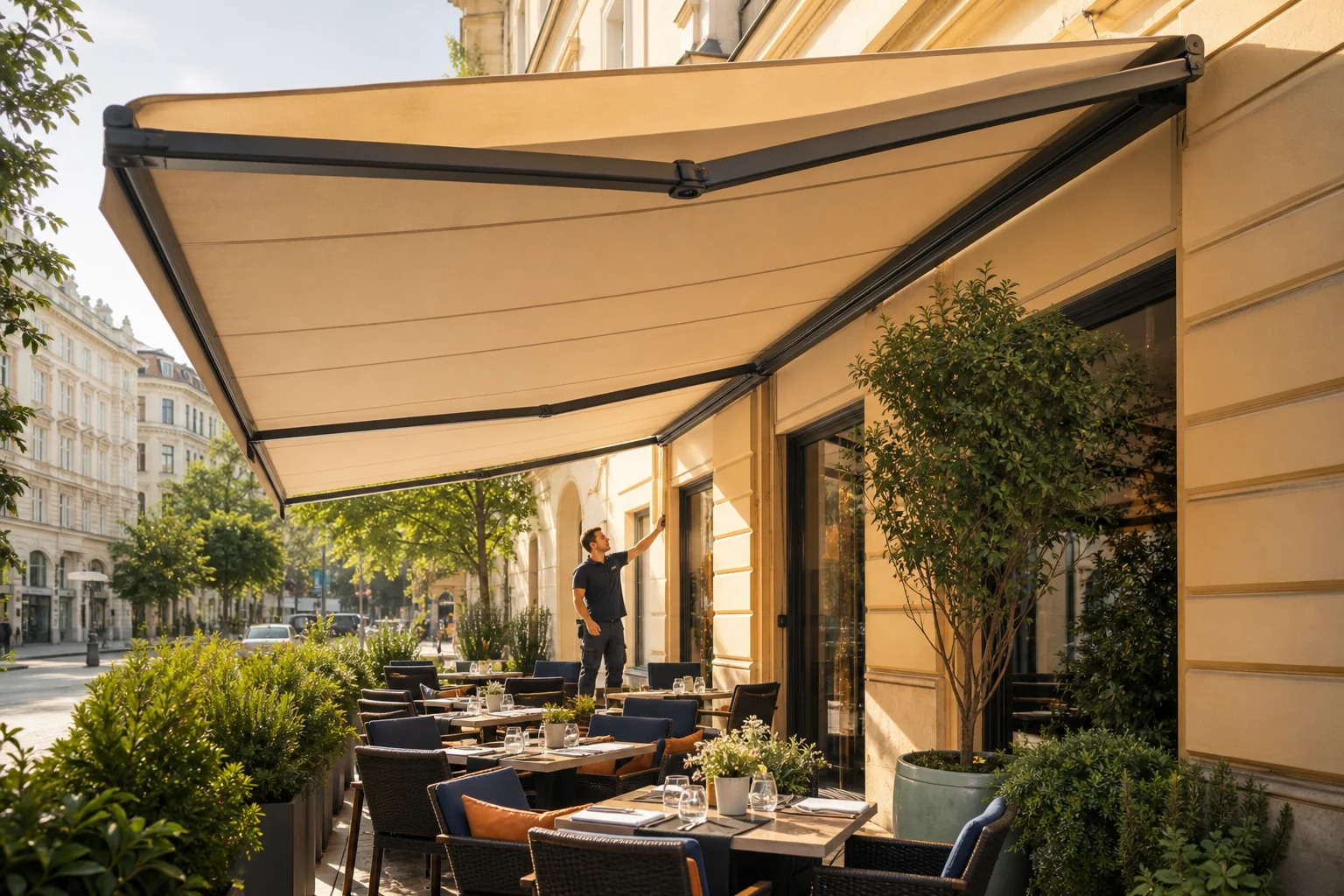 Gastronomie Terrasse mit großer reparierter Markise in Wien