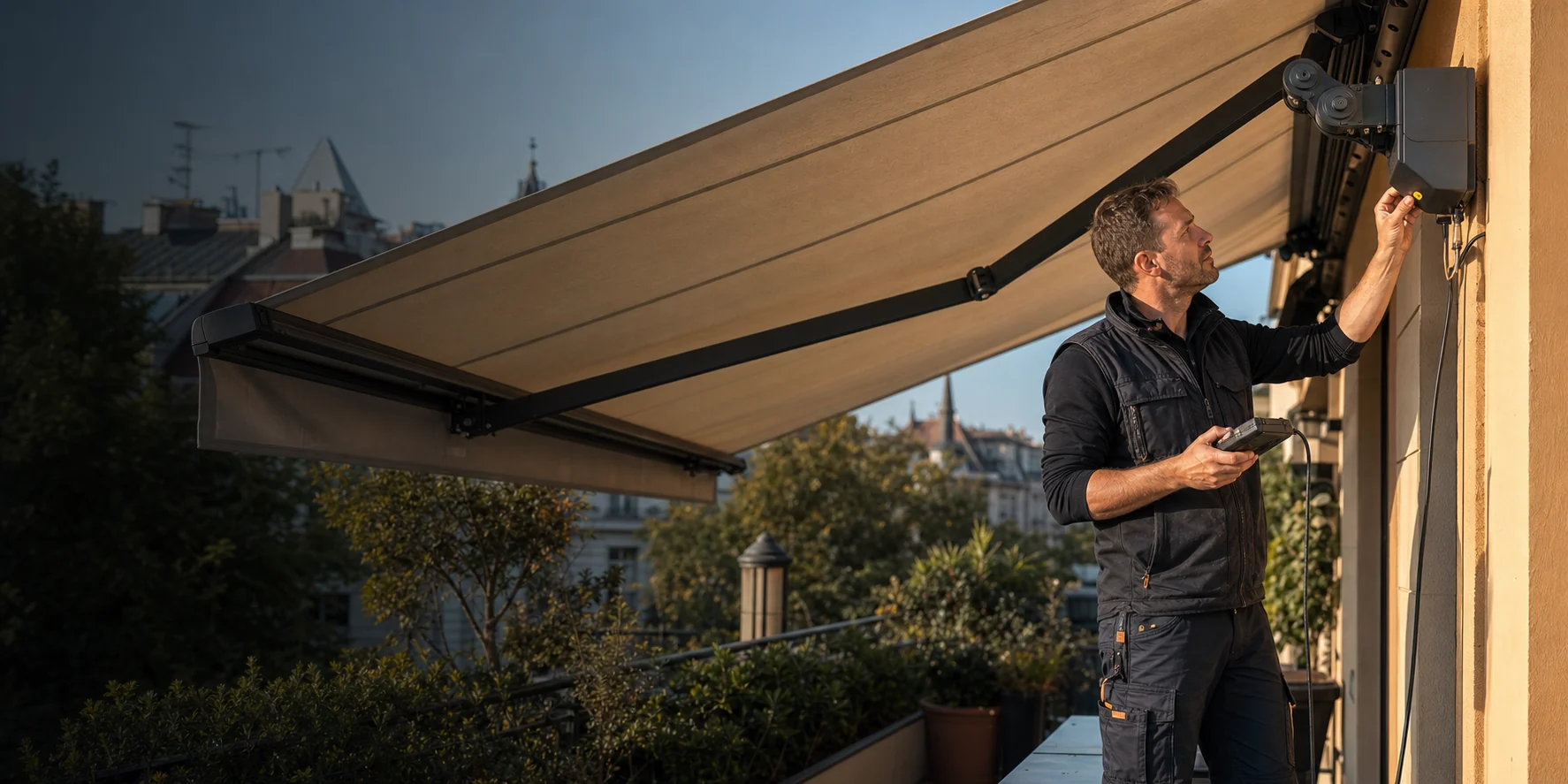 Techniker repariert eine große Markise auf einem Balkon in Wien